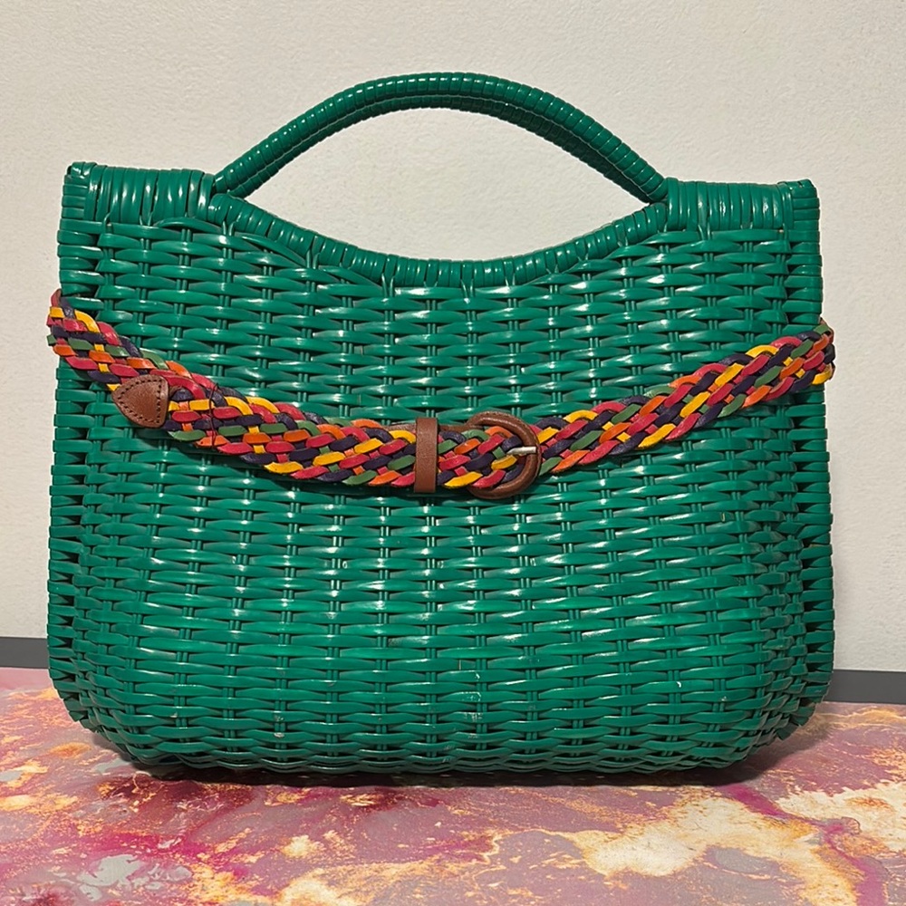 Green Woven Handbag with Multicolor Braided Strap
